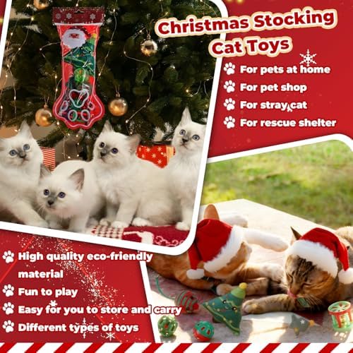 Shappy 1 Set 10 Pcs Christmas Cat Stocking Toys with Cat Sticks Shaped Santa, Xmas Tree, Yarn Balls, Toy Mouse, Paw Shaped Xmas Stocking Pet Set, Interactive Pet Gifts - Image 6
