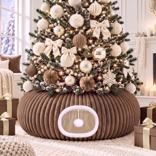 Christmas Tree Cat Tunnel 36 in Donut Bed, Brown, Flannel, Corduroy by SilTriangle