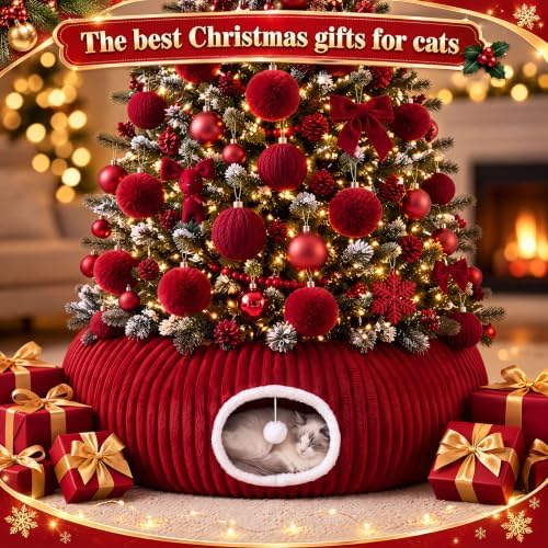 Christmas Tree Cat Tunnel 36 in Donut Bed, Red, Flannel, Corduroy - Image 6