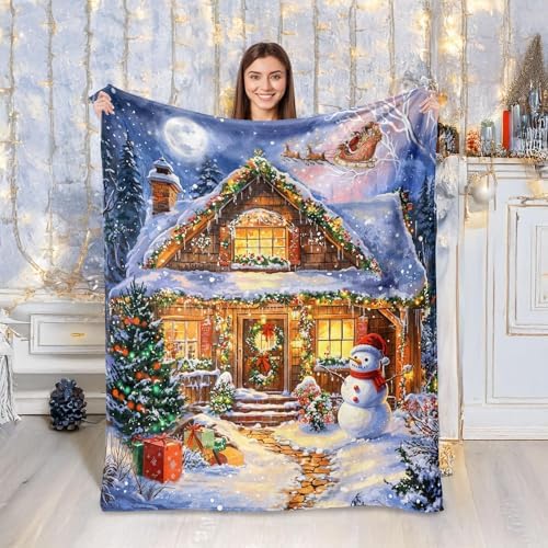Neasow Christmas Throw Blanket, Cabin and Snowman Christmas Eve Design Soft Fuzzy Cozy Flannel Blanket Gift for Family and Friends Home Sofa Couch Chair Decorative 50x60 Inch - Image 2