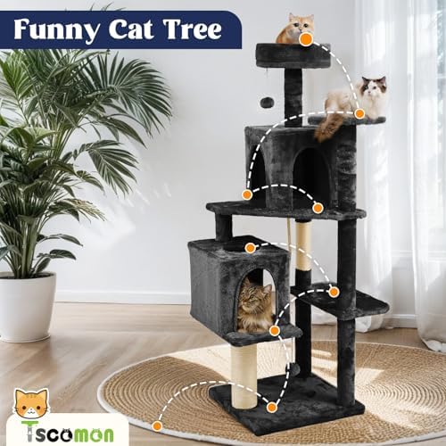 58.5inch Large Cat Tree Tower Condo for Indoor Cats, Soft Plush Multi-Level Climbing Tree Cat House, Scratching Post, More Entrance/Exit, Sisal Rope, Black - Image 2