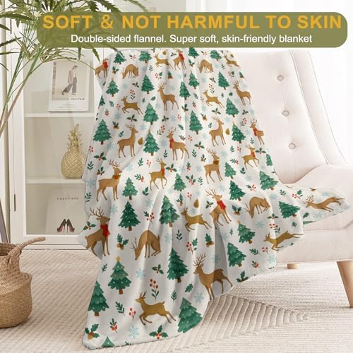 Reindeer Christmas Decorative Throw Blanket, Deer Tree Snowflake Print Decoration, Flannel Winter Blankets for Couch Bed Sofa, Holiday Home Decor, Xmas Festival Gifts for Adults 40x50 Inch - Image 2