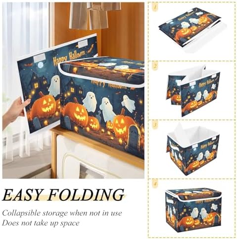 Bolaz Storage Bins with Lids and Handles,Halloween Background with Pumpkins Ghosts and Cemetary Storage Box Storage Basket with Cover Collapsible Organizer Containers for Home Closet, Shelves - Image 4
