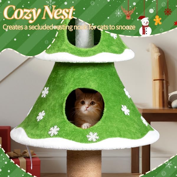 59 Inches Cat Christmas Tree with 2 Houses, Cat Tree Tower for Christmas, Kitty Friendly Christmas Tree with Sisal Scratching Post & Toy Ball, Tower for Indoor Cat – Green & White - Image 2