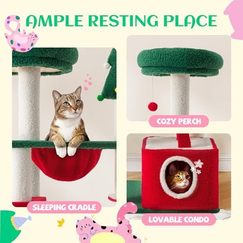 SHA CERLIN 67in Tall Cat Tree/Climbing Tower with Top Perch, Hammock, Sisal Scratching Posts/Cute Condo for Indoor Kitties/Pet Feline House/Activity Center/Christmas Decor/Green & Red - Image 3