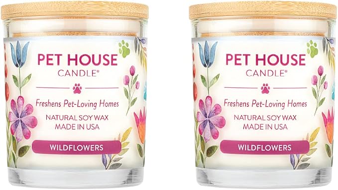 Pet House Candles, Plant-Based, Long Lasting, Clean Burning Scented Pet Odor Candles, 60 Hour Burn Time - Wildflowers, 9 oz, 2 Pack