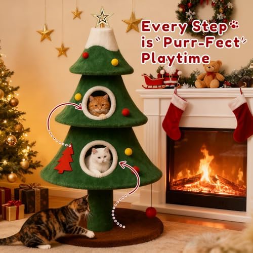 LUCKLIFE 52" Christmas Cat Tree with 2 Cozy Houses,Indoor Modern Cat Tower with Anti-Tip Kit,Plush Perches & Hanging Balls,Holiday Cat Climbing Furniture for Kittens to Play and Sleep - Image 4