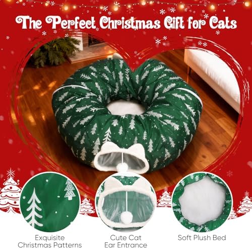 Cat Tunnel Bed Under Christmas Tree, Christmas Tree Skirt for Indoor Cats, Green - Image 5