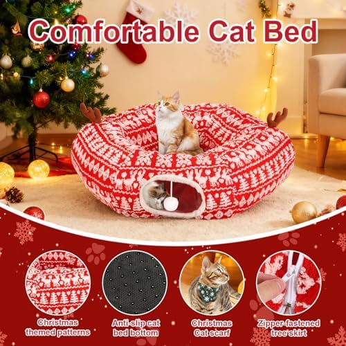 Cat Tunnel Bed Under Christmas Tree 35.4" Festive Circle Cat Tunnel with Feather Toys Adjustable Bibs Foldable Holiday Decorative Pet Cave for Indoor Cats Small Animals Fits Under Tree Skirt - Image 3