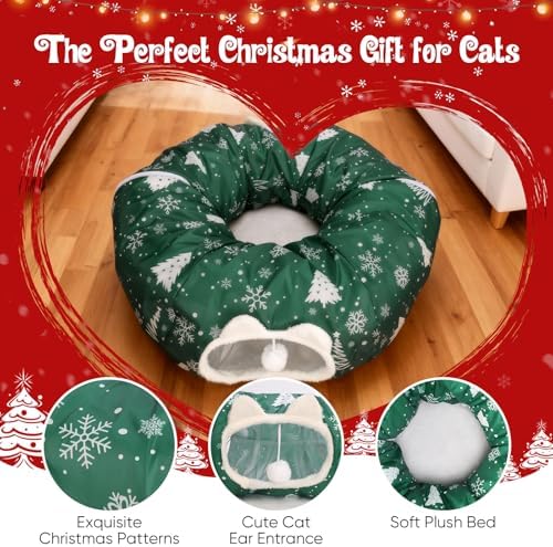 Cat Tunnel Bed Under Christmas Tree, Cat Tunnel Christmas Tree Skirt for Indoor Cats, Donut Tunnel Toys for Multiple & Large Carts, for Kitten, Rabbit, Puppy, Green Snowflake - Image 4