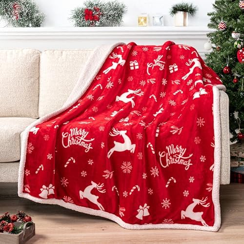 PAVILIA Red Reindeer Christmas Sherpa Throw Blanket, Ultra Soft Reversible Fleece Sherpa 50x60 Winter Blanket for Couch & Bed, Cozy Christmas Home Decor Holiday by PAVILIA