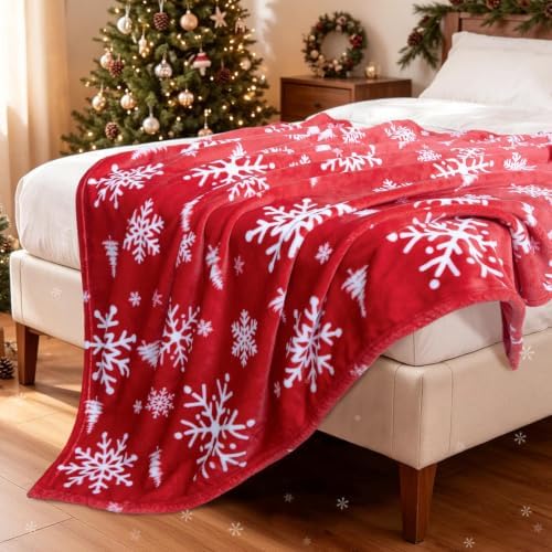 Vessia Snowflakes Printed Throw Blanket for Couch, 300GSM Red Winter Decor - Image 4