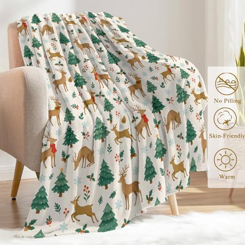 Reindeer Christmas Decorative Throw Blanket, Deer Tree Snowflake Print Decoration, Flannel Winter Blankets for Couch Bed Sofa, Holiday Home Decor, Xmas Festival Gifts for Adults 50x60 Inch - Image 3