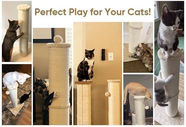 PAWSCRAT 32-Inch Tall Cat Scratching Post, 5.5-Inch Diameter, Sisal, Yellow | Natural Sisal Scratching Surface with a Dangling Ball for Indoor Cats, Scratch-Resistant Durable and Protect Your Furniture