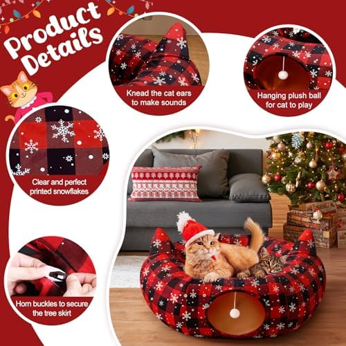 3-in-1 Red Black Buffalo Plaid Cat Tunnel Christmas Tree Skirt for Cat Play - Image 6