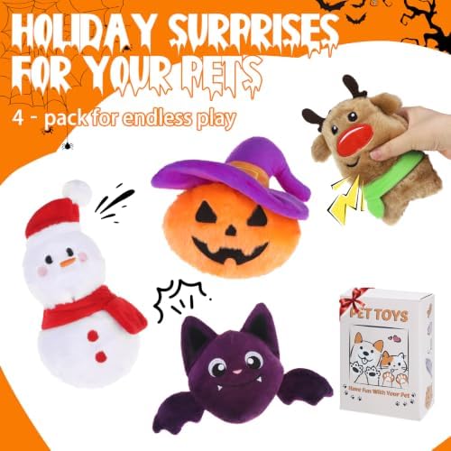 PAWCHIE Halloween Christmas Squeaky Dog Toys, 4 Pack Halloween Dog Toys for Chewers, Interactive Squeaky Plush Pumpkin Bat Elk Snowman Stuffed Dog Toy for Small Medium Large Breed, Funny Pet Gifts - Image 4