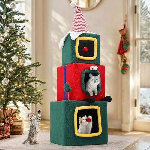 YITAHOME 60" Christmas Cat House with 3 Semi-Enclosed Cat Condos by YITAHOME