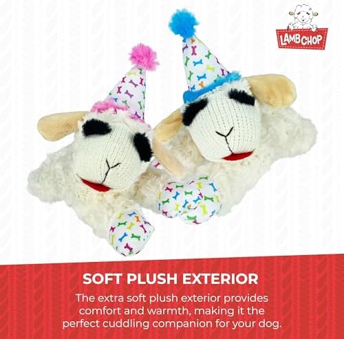Multipet Lamb Chop Dog Plush Toy with Birthday Hat - Squeaky Dog Toy - Image 6