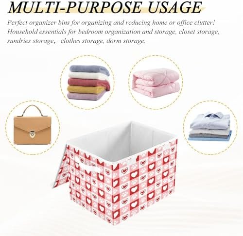 Bolaz Red Checkboard Dog Footprint Hearts Pattern Storage Bins with Lids and Handles, Foldable Storage Box Storage Basket with Cover Collapsible Organizer Containers for Home Closet, Shelves - Image 7