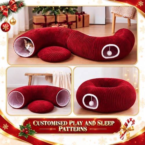 Christmas Tree Cat Tunnel 36 in Donut Bed, Red, Flannel, Corduroy - Image 4