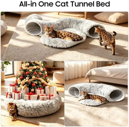 Cat Tunnel Bed for Indoor Cats, Peekaboo Cat Cave Donut Bed & Play Tunnel - Image 3