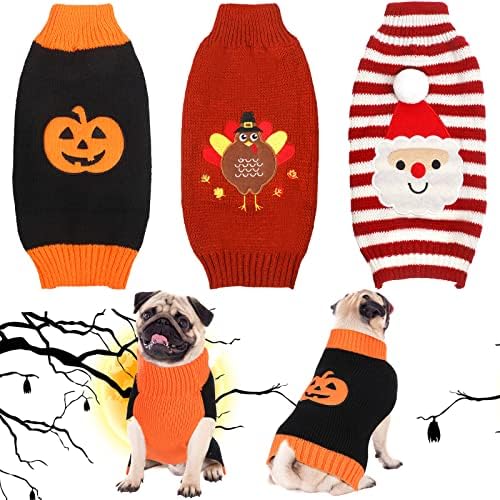 Sanwuta 3 Pcs Halloween Thanksgiving Christmas Dog Kint Sweaters Sets, S by Sanwuta