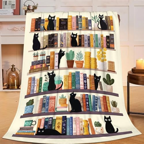 Black Cat Throw Blanket Book Cat Bookshelf Stuff Gifts for Kids Girls Boys Adults Women Men Soft Cozy Warm Plush Fluffy Fuzzy Fleece Blanket Decor 50''X60'' - Image 2