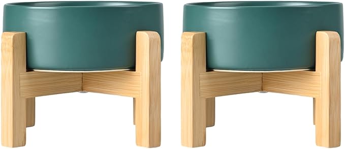 SPUNKYJUNKY Ceramic Elevated Dog Bowls 2 Pack - 8.3inch Raised Dog Bowls with Non-Slip Wooden Stand for Large Dogs Dishwasher Safe(Green,60OZ*2)