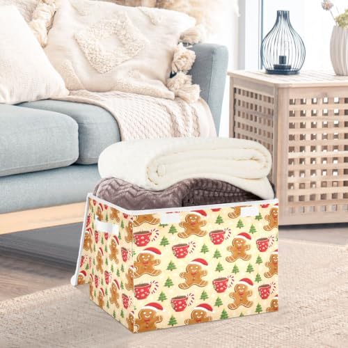 Bolaz Gingerbread Man Holiday Pattern with Christmas Trees and Mugs Storage Bins with Lids and Handles, Storage Box Basket with Cover Collapsible Organizer Containers for Home Closet, Shelves - Image 5