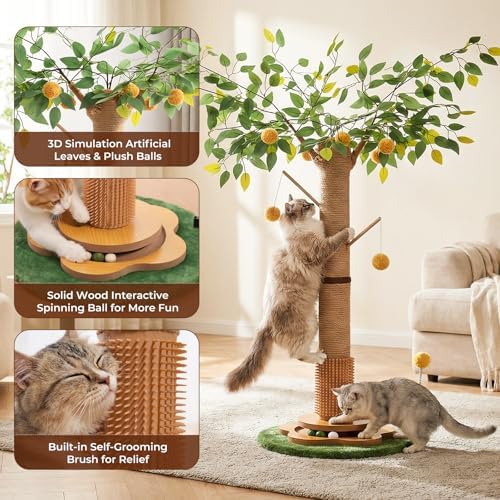 41" Tall Cat Scratching Post for Large Cats - XL Sturdy Cat Scratching Post with Solid Wood Base, Sisal Rope Scratching Posts for Indoor Cats Adults with Self-Grooming Brush, 4 Detachable Hanging Toys - Image 4