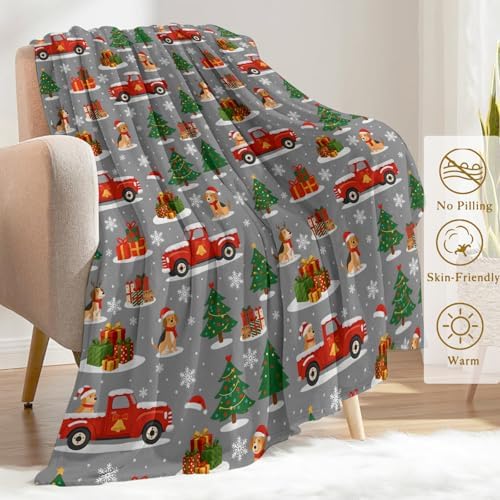 Christmas Decorative Throw Blanket, Red Truck Dog Tree Snowflake Print Decoration, Flannel Winter Blankets for Couch Bed Sofa, Holiday Home Decor, Xmas Festival Gifts for Pet Lovers 60x80 Inch - Image 3