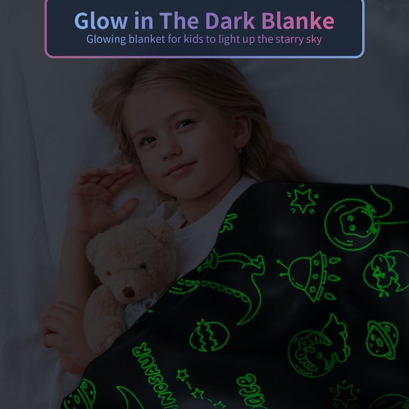 Personalized Dinosaur Blanket for Boys - Glow in The Dark, Soft Fleece Throw for Kids, Toddlers - Birthday Gift, 30"x 40" - Image 2