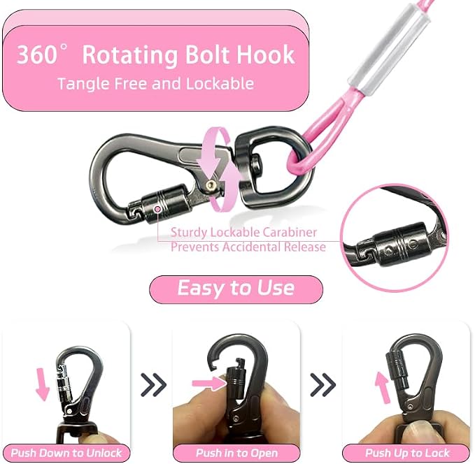 Dog Tie Out Cable - Chew Proof Steel Wire Lead - 360° Tangle Free Outdoor Leash for Pups - Dog Runner Cable for Small to Medium Dogs (Pink, 45lbs/100ft)