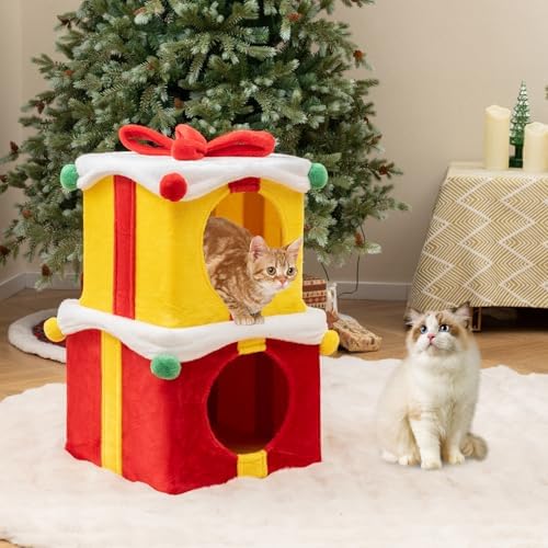 PETSITE Christmas-Themed Gift Box-Shaped Cat House, Stackable 2-Piece Indoor Cat Caves for Kittens, Colorful 2-Story Cat Hideaway Cat Bed for Indoor Cats - Image 2