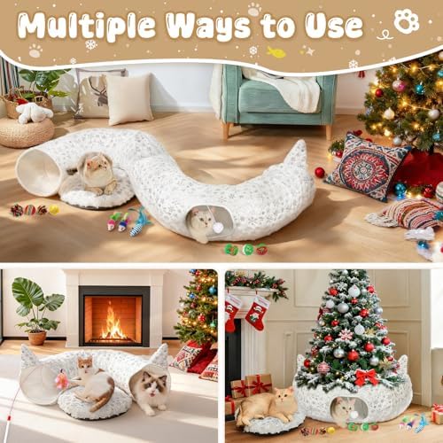 White Plush Cat Tunnel Christmas Tree Skirt with 11 Pcs Interactive Toys - Image 4