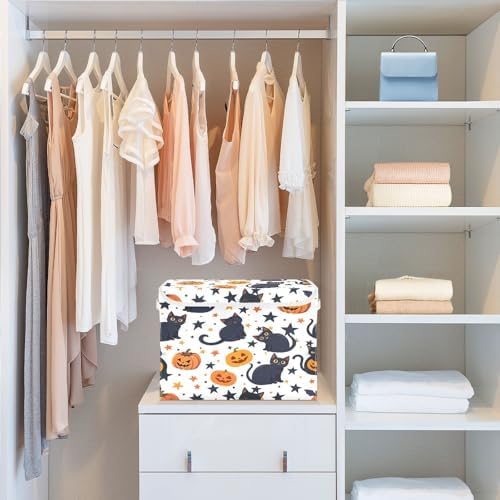 Bolaz Storage Bins with Lids and Handles,Black Cat Pumpkin Pattern Storage Box Basket with Cover Collapsible Organizer Containers for Home Closet, Shelves - Image 6