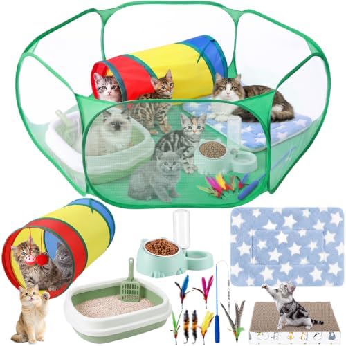 13 Pcs Kitten Starter Kit with Playpen Litter Box Feeder, Green by Unknown