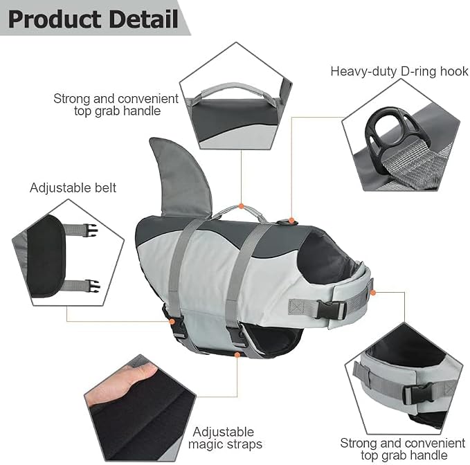 Fragralley Shark Dog Life Jacket, Adjustable Dog Life Vest with Shark Fin, Suit for Small Medium Large Dog Life Vest for Swimming and Boating