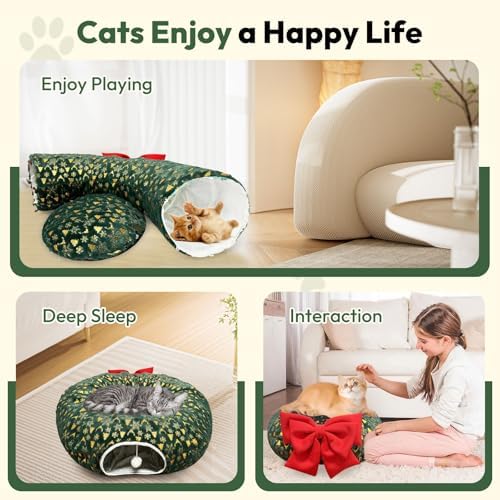 CHUN. F Comfort Green Cat Bed for Christmas Tree – Christmas Themed Cat Tube for Holiday Season –A Big Red Bow - Ultra-Soft Plush Velvet Cute Cat Bed - Image 7