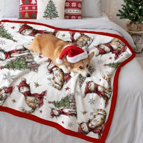 Christmas Fleece Blanket, Red Cat Christmas Trees Throw Blanket - Image 4