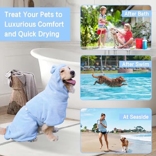 Pet Bathrobe for Dog Cat Absorbently Quick Drying Coat Cute Dogs Bath Towel Hooded Robe Adjustable Collar & Belly Strap for Pool Beach (Blue, Large) - Image 4