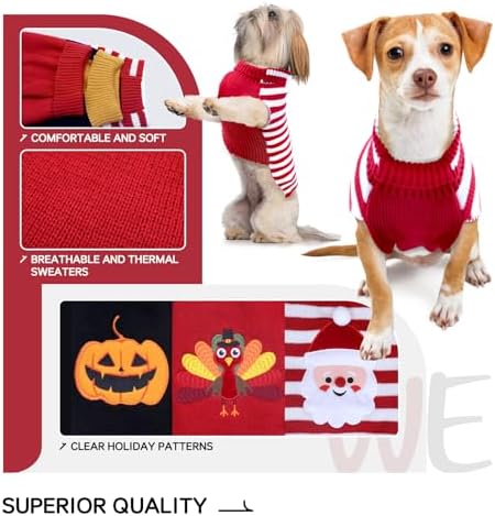 3 Pack Halloween Thanksgiving Christmas Dog Cat Knit Sweater Set - Dog Clothes with Santa Pattern Pumpkin Turkey Pets Costumes-Dog Fall Sweaters for Holiday(s) - Image 5