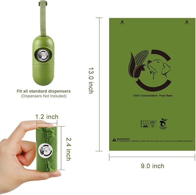Certified Compostable Dog Poop Bags, 270 Count Landfill Friendly and Leakproof Waste Bags, Easy Open Unscented Forest Green Poop Bag for Dog, 15 Doggy Bags Per Roll (18 rolls)