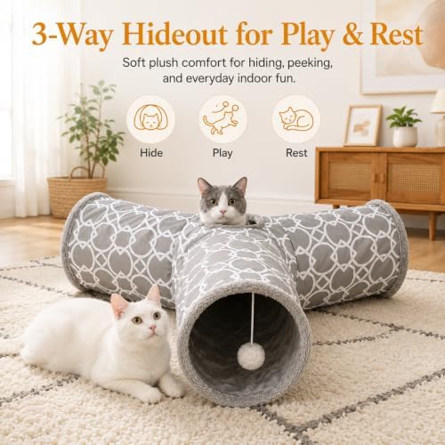 Plush Inside 3 Way Cat Tunnel Geometric, Diameter 9.8 Inch - Image 3