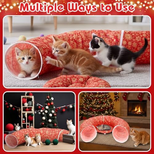 Snowflake Cat Tunnel Bed Under Christmas Tree 36'' Kitten Circle Donut Tunnel Skirt with Ball Mat Decorative Xmas Folding Home Kitty Guard Tube Holiday Party Indoor Pet(Red Gold) - Image 4