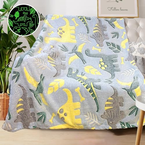 Personalized Dinosaur Glow in The Dark Blanket, 40"x50", Soft Fleece Throw for Boys and Toddlers by COMFAR