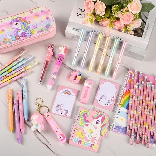 Ulema 41Pcs Cute Unicorn Stationery Set Birthday Gifts for Girls Back to School and Classroom Rewards Office Supplies with Unicorn Stuffs with Kawaii pencils,Keychain etc. - Image 5
