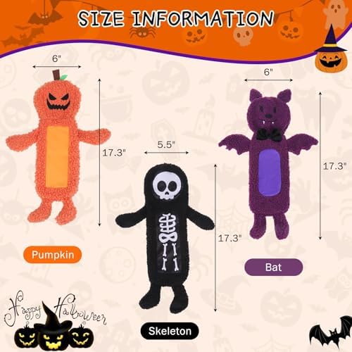SCENEREAL Stuffless Halloween Dog Squeaky Toys for Small Medium Dogs, Crinkle Puppy Chew Toy, 3 Pack Cute Animals Shape Soft Pet Plush Teething Toys(Skeleton & Pumpkin & Bat) - Image 5