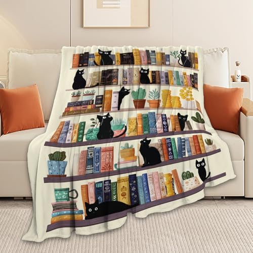Black Cat Throw Blanket Book Cat Bookshelf Stuff Gifts for Kids Girls Boys Adults Women Men Soft Cozy Warm Plush Fluffy Fuzzy Fleece Blanket Decor 50''X60'' - Image 3