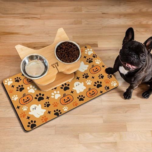 Halloween Dog Food & Water Mat, Orange Pumpkin Ghost Paw Prints Pet Feeding Mat for Floor Non-Slip Waterproof, Super Absorbent Cat Bowl Mat, Easy to Clean Pet Placemat,12" × 20" - Image 2